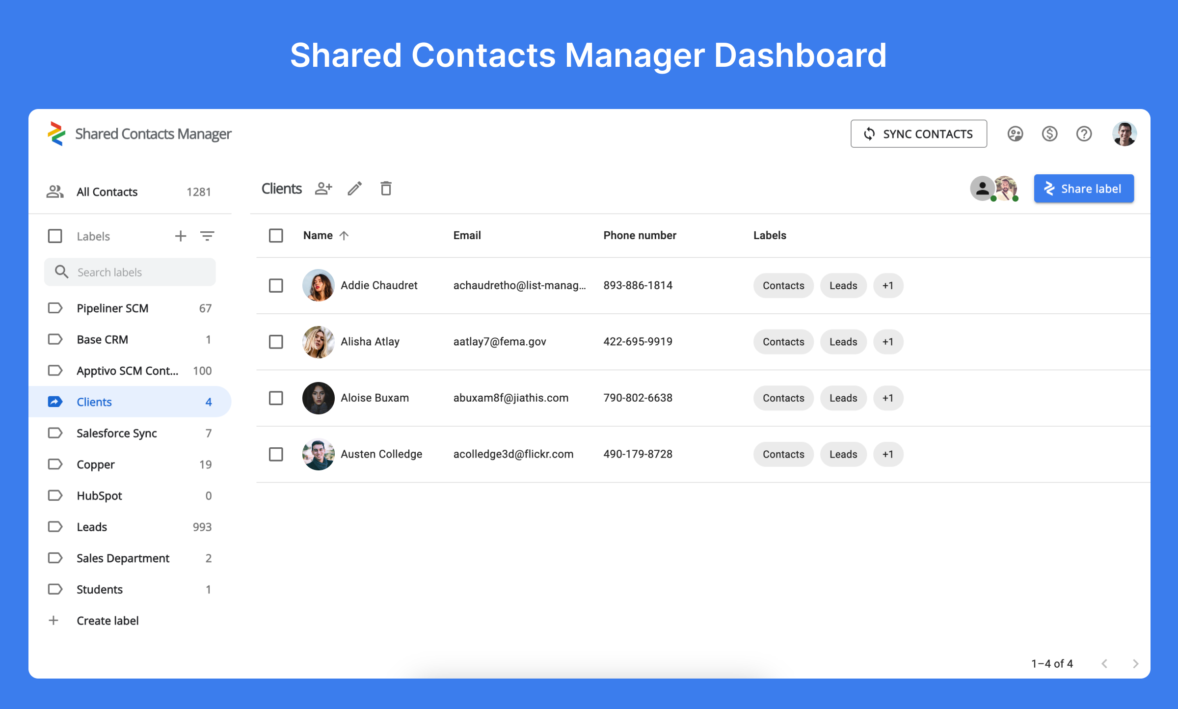 The image of Shared Contacts Manager dashboard