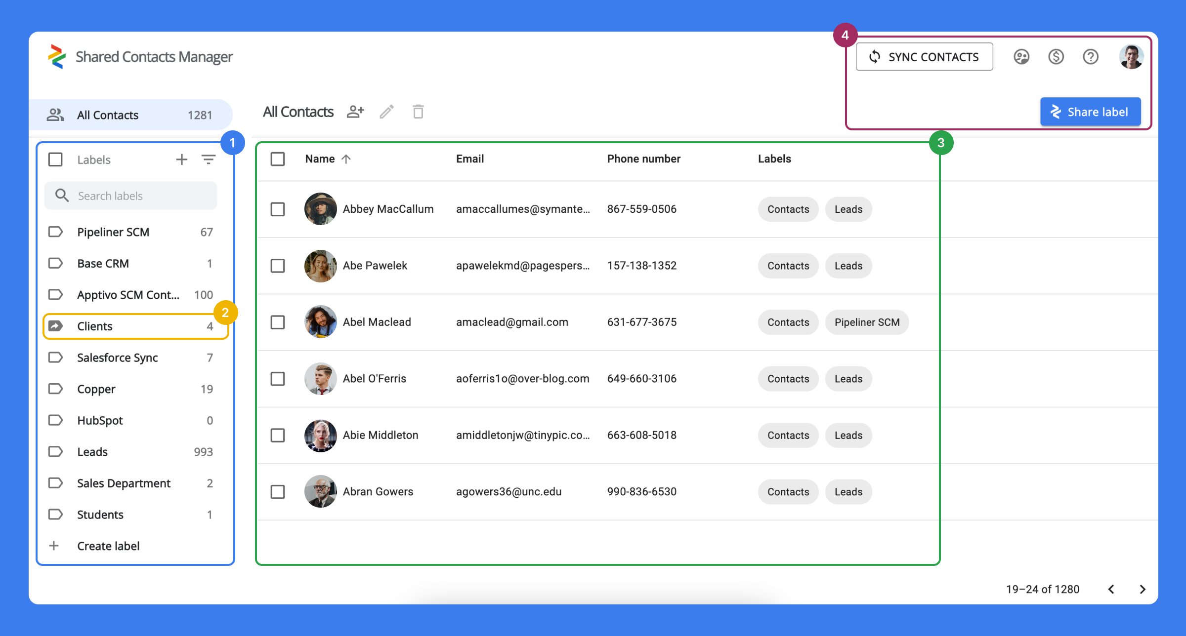 Elements of Shared Contacts Manager dashboard 